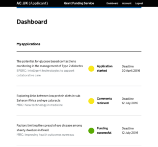 Screen shot of a prototype of an applicant's dashboard