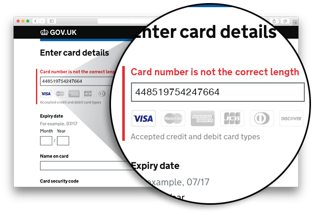 Screenshot of a page, on which there's an error message telling the user they've made a mistake when inserting their card number