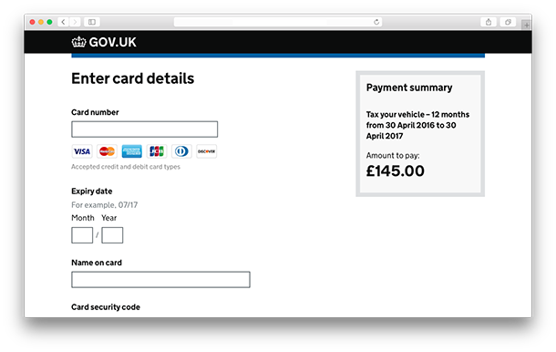 Screenshot of a page on which users are invited to enter their card details so they can make an online payment to government