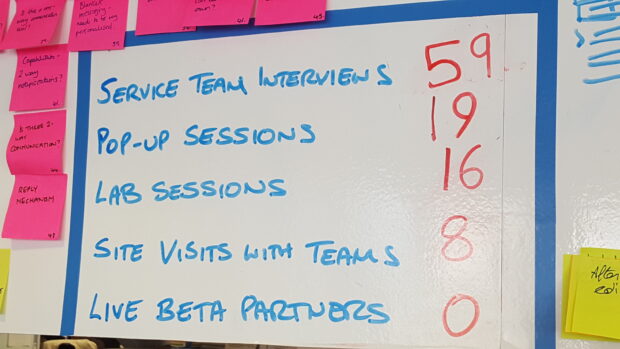 photo of the agile wall in the GOV.UK Notify team which states 'team interviews 59, pop-up sessions 19, user testing lab sessions 16, site visits with teams 8, live beta partners 0'.