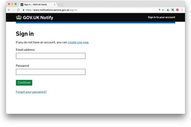 Screenshot of the GOV.UK Notify log in page