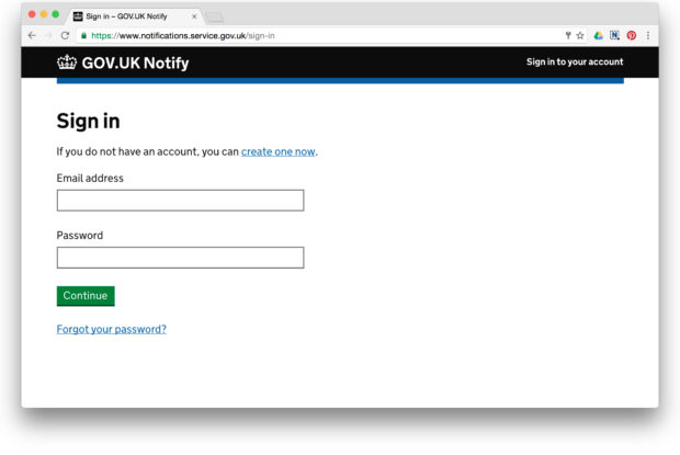 Screenshot of the GOV.UK Notify log in page