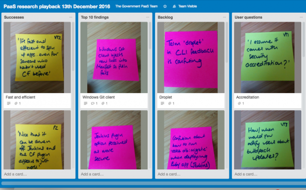 A Trello board showing a series of post it notes made during user research for GOV.UK Platform as a Service