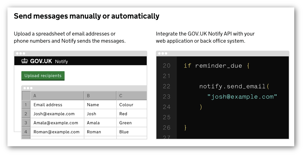 Image containing 2 screen shots - one of code and the other of the GOV.UK Notify admin interface